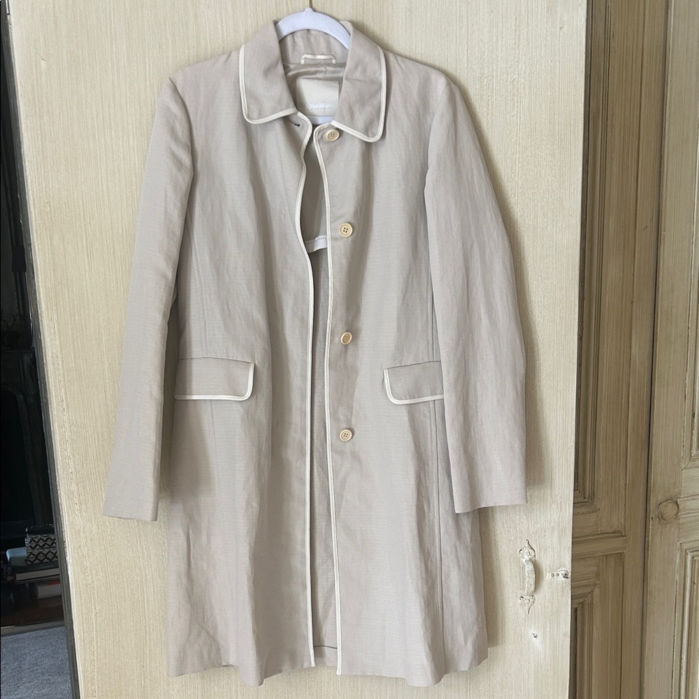 ‘S Max Mara Women's Cotton Beige Coat with Cream Trim